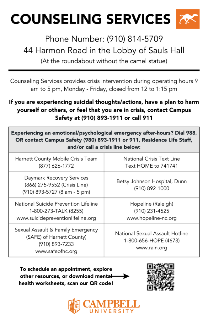 Counseling Services Half-Sheet including after hours support.